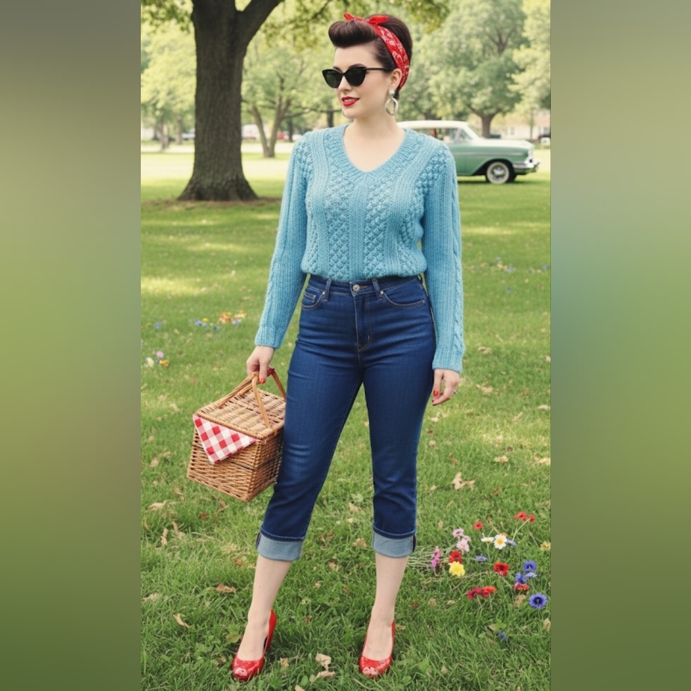 Vintage Golden Touch Blue Bauble Knit V Neck Sweater Size S